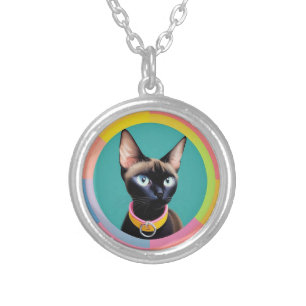 Cat With Striking Eyes by Circular Mirror Silver Plated Necklace