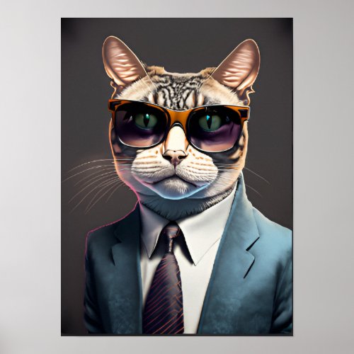 Cat with Suit and Sunglasses Poster
