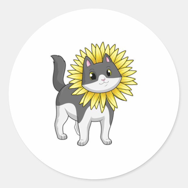 Cat with Sunflower Classic Round Sticker (Front)
