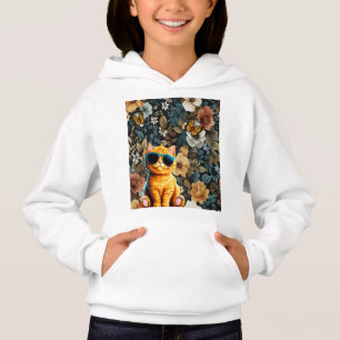 Cat with Sunglasses and Butterflies on Flowers Hoodie