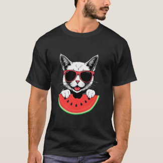 Cat with Sunglasses Eating Watermelon Summer Vacat T-Shirt