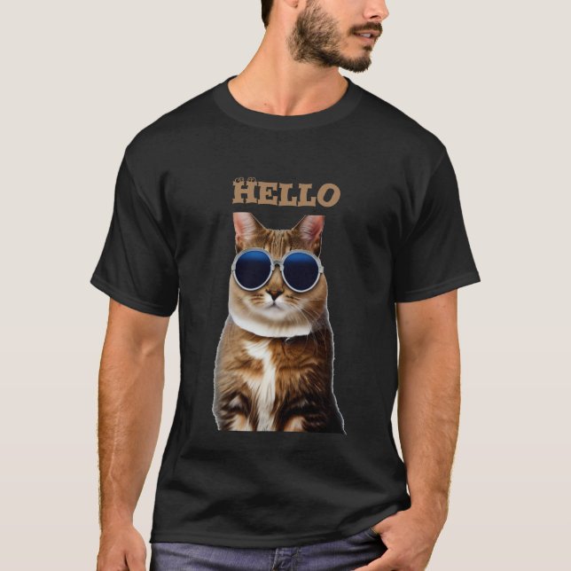 Cat with sunglasses hello T-Shirt (Front)