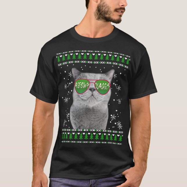Cat with Sunglasses Meowy Ugly Christmas Sweater (Front)