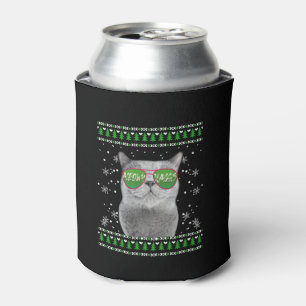 Cat with Sunglasses Meowy Ugly Christmas Sweater Can Cooler