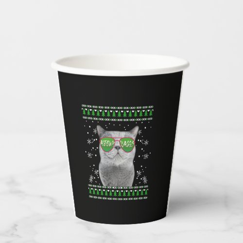 Cat with Sunglasses Meowy Ugly Christmas Sweater  Paper Cups