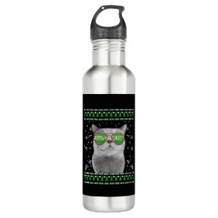 Cat with Sunglasses Meowy Ugly Christmas Sweater  Stainless Steel Water Bottle