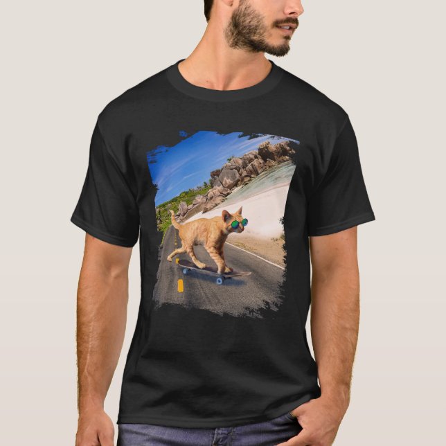 Cat with sunglasses on skateboard on the beach T-Shirt (Front)