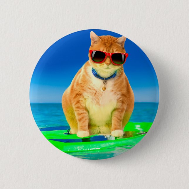 Cat with sunglasses surfing in the ocean button (Front)