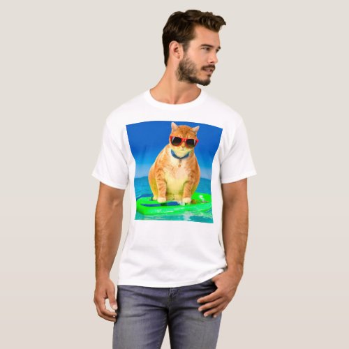 Cat with sunglasses surfing in the ocean T_Shirt