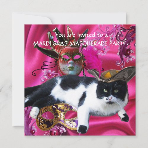 CAT WITH TRICORN HAT AND MASQUERADE PARTY MASKS INVITATION
