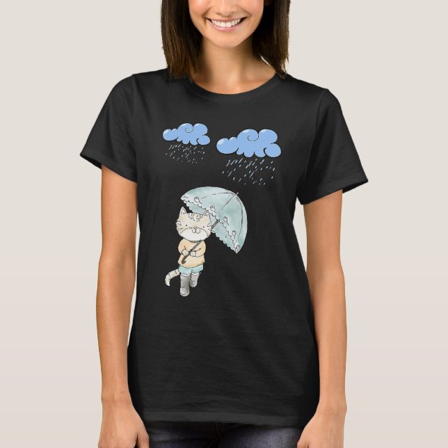 Cat With Umbrella In The Rain Cat T-Shirt (Front)