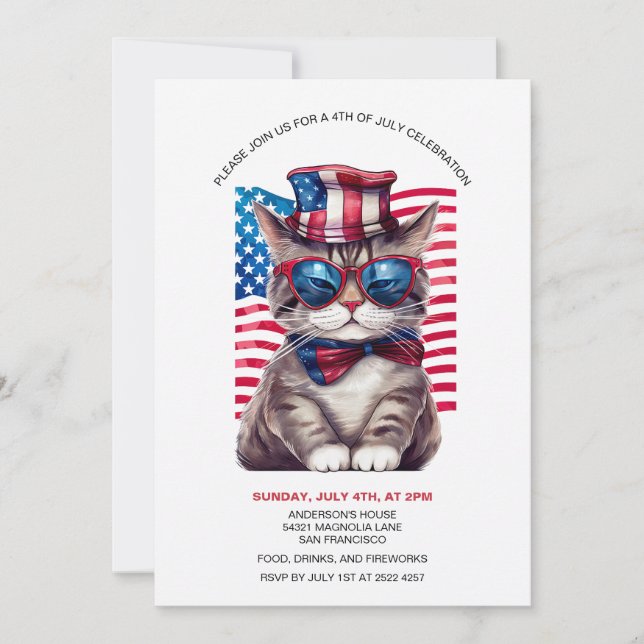 Cat with Uncle Sam Hat 4th Of July Invitations (Front)