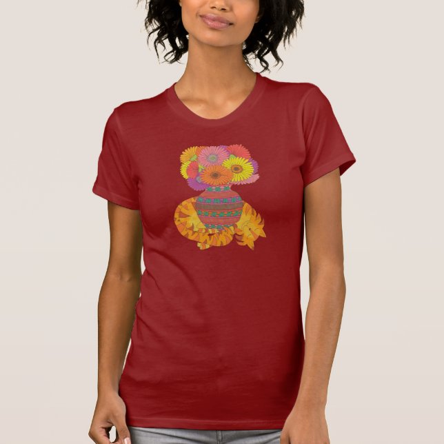 Cat with Vase of Gerbera Daisies Folk Art T-Shirt (Front)