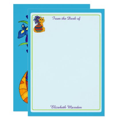 Cat with Vase of Irises Personalized Stationery Card