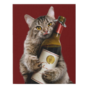 Cat With Wine Bottle Faux Canvas Print