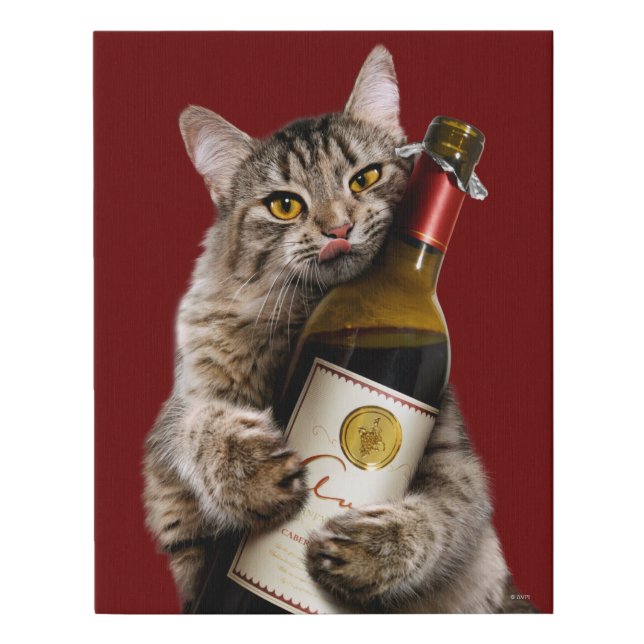 Cat With Wine Bottle Faux Canvas Print (Front)