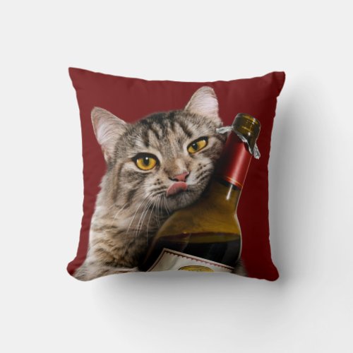 Cat With Wine Bottle Throw Pillow