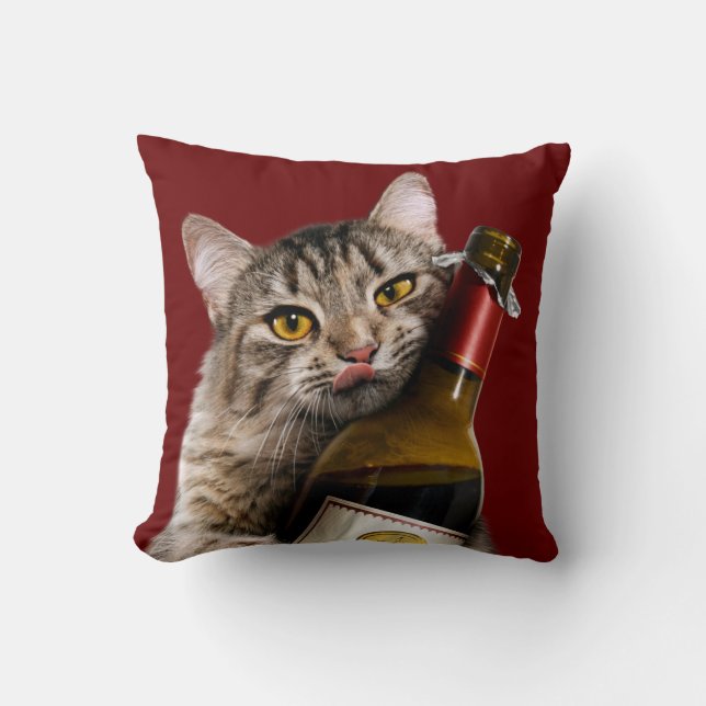 Cat With Wine Bottle Throw Pillow (Front)