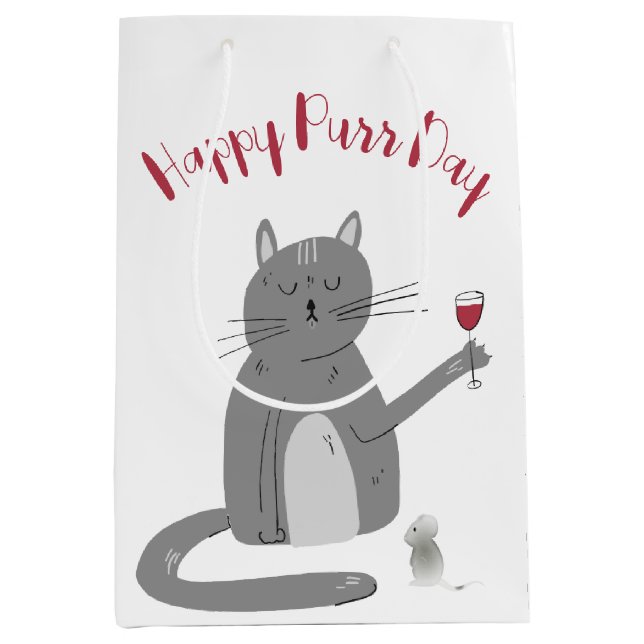 Cat with Wine Glass Birthday Medium Gift Bag (Front)