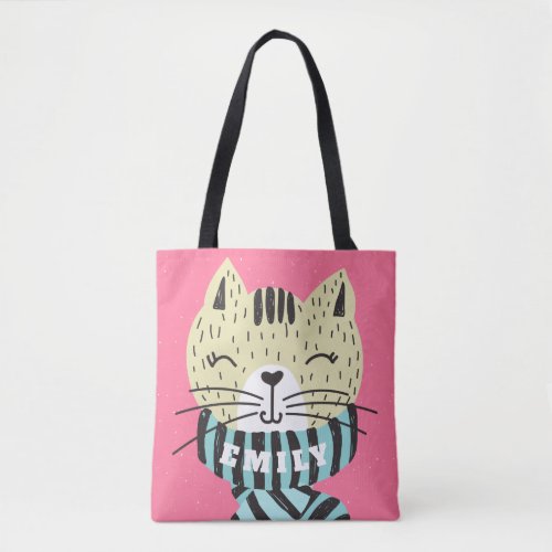 cat with winter scarf tote bag