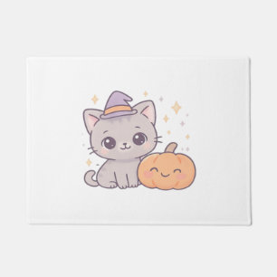 Cat with Witch Hat and Smiling Pumpkin Cute Spooky Doormat