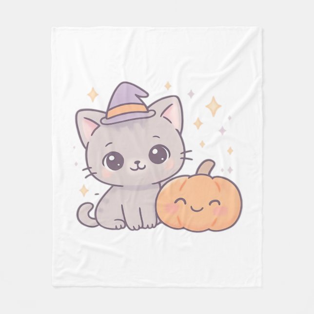 Cat with Witch Hat and Smiling Pumpkin Cute Spooky Fleece Blanket (Front)