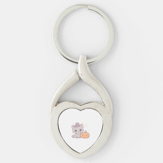 Cat with Witch Hat and Smiling Pumpkin Cute Spooky Keychain (Front)