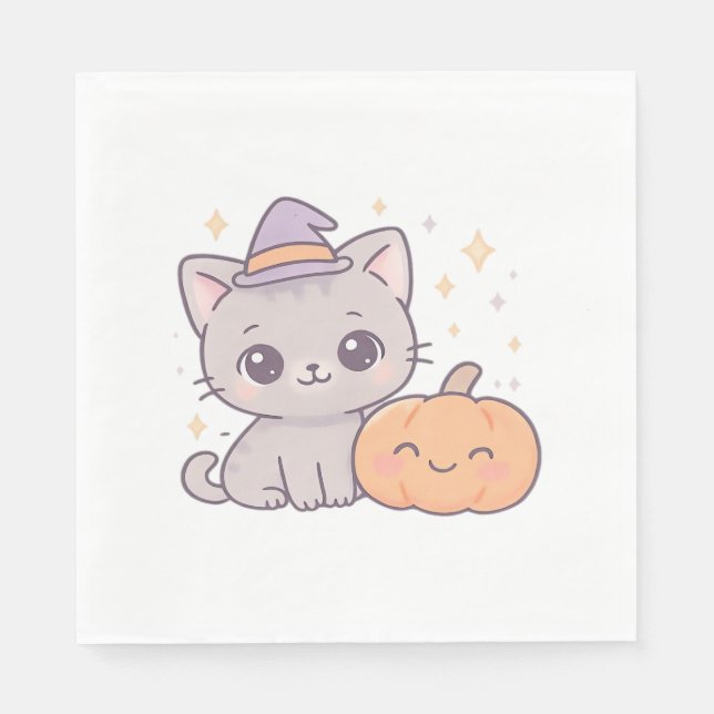 Cat with Witch Hat and Smiling Pumpkin Cute Spooky Napkins (Front)