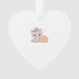 Cat with Witch Hat and Smiling Pumpkin Cute Spooky Ornament