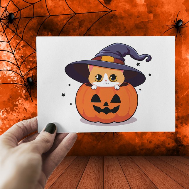 Cat with witch hat in Halloween Jack-O-Lantern  Postcard (Creator Uploaded)
