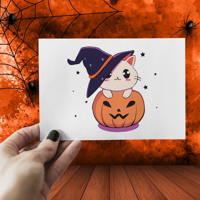 Cat with witch hat in Halloween Jack-O-Lantern  Postcard (Creator Uploaded)