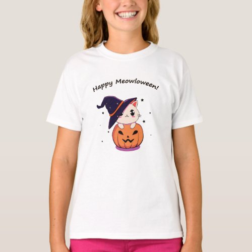 Cat with witch hat in Halloween Jack_O_Lantern  T_Shirt