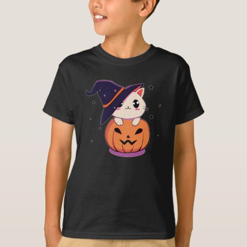 Cat with witch hat in Halloween Jack_O_Lantern  T_Shirt