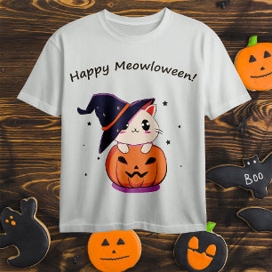 Cat with witch hat in Halloween Jack-O-Lantern T-Shirt