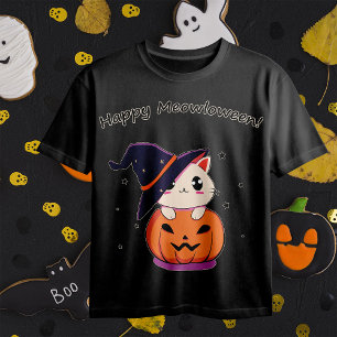 Cat with witch hat in Halloween Jack-O-Lantern T-Shirt