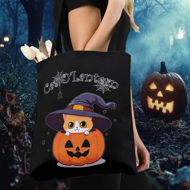 Cat with witch hat in Halloween Jack-O-Lantern  Tote Bag (Creator Uploaded)