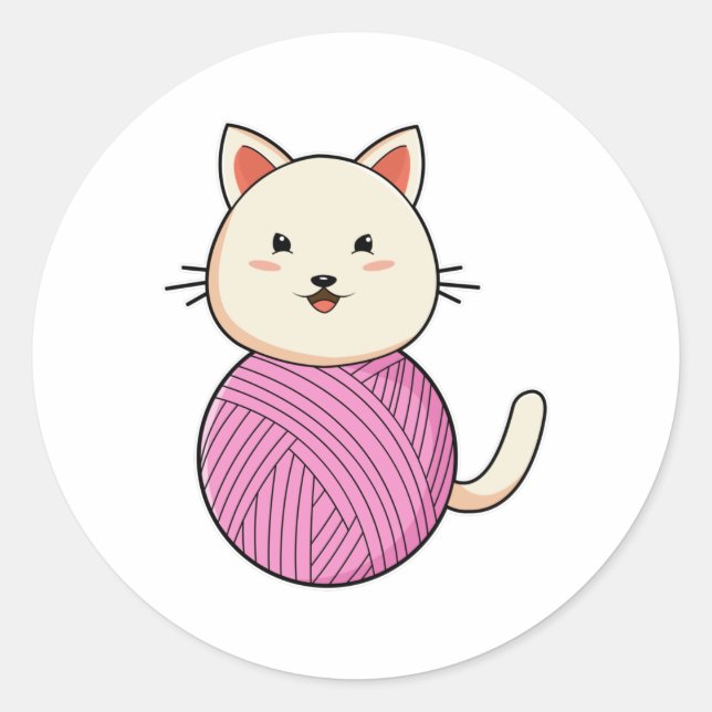 Cat with Wool yarn ball Classic Round Sticker (Front)