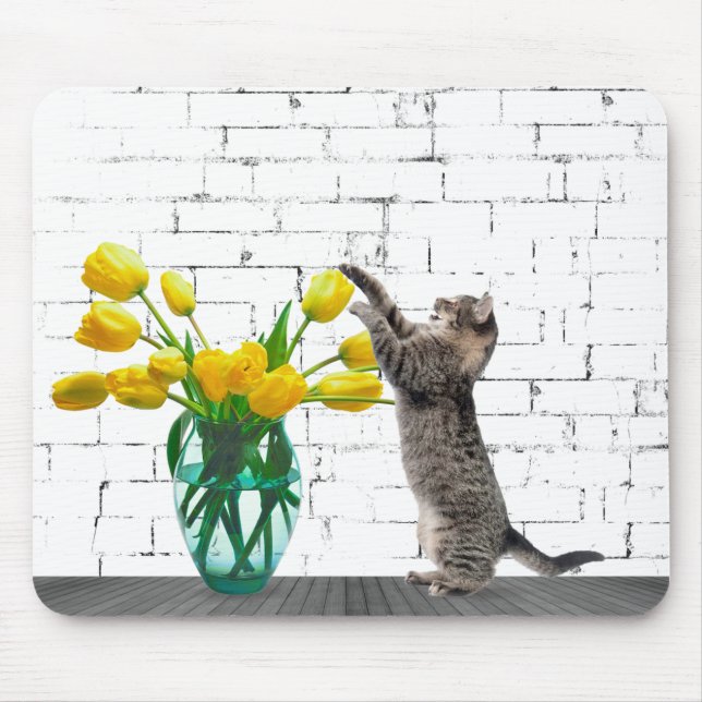 Cat with Yellow Tulip Bouquet Mousepad (Front)
