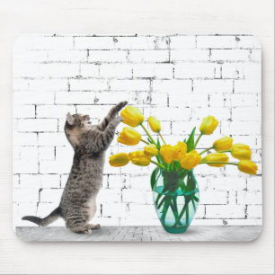 Cat with Yellow Tulip Bouquet Mousepad