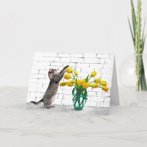 Cat with Yellow Tulips Birthday Card