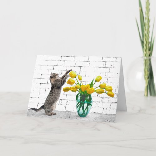 Cat with Yellow Tulips Card