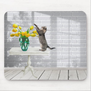 Cat with Yellow Tulips Mouse Pad
