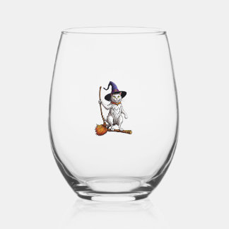Cat Wizard Halloween Witch Mystical Cat Lovers Stemless Wine Glass