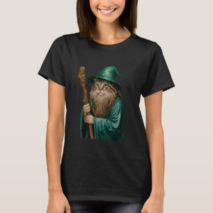 Cat Wizard Holding Staff in Green Robes T-Shirt