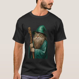 Cat Wizard Holding Staff in Green Robes T-Shirt