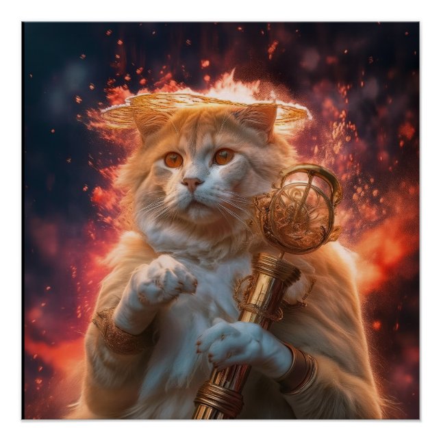 Cat Wizard With Magic Staff Amidst Flames Poster (Front)