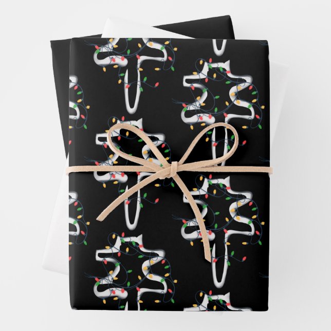 Cat Wrapped in Christmas Lights Christmas Funny Wrapping Paper Sheets (In situ)