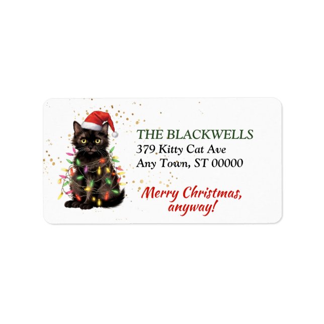 Cat Wrapped in Christmas Lights Return Address Label (Front)