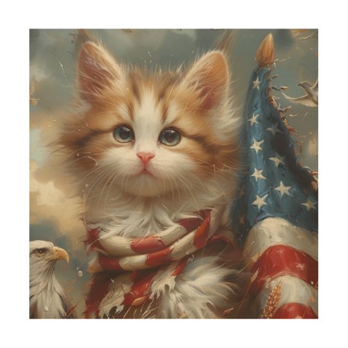 Cat wrapped in USA Flag Perfect for Cat Lovers Wood Wall Art