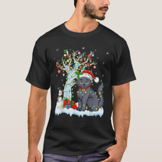 Cat Xmas Lighting Tree Santa Hat Russian Blue Cat T-Shirt